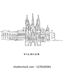 Vilnius Lithuania famous architecture. Outlined vector sketch separated on white background. Architecture drawings of all European capitals.