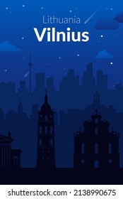 Vilnius, Lithuania famous city night poster.