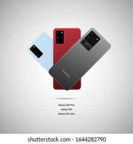 Vilnius, Lithuania - February 13, 2020: Galaxy S20, Galaxy S20 Plus, Galaxy S20 Ultra smartphones developed by SAMSUNG. SAMSUNG releases a new model in gray, red and blue. Vector illustration.