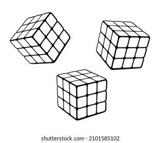 Vilnius, Lithuania - January 6, 2022. Vector set of the classic 3x3 Rubik's Cube on white background. Rubik's Cube is a 3D puzzle invented by Hungarian sculptor and professor Erno Rubik.