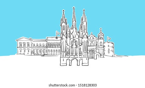 Vilnius Lithuania Lineart Vector Sketch. and Drawn Illustration on blue background.