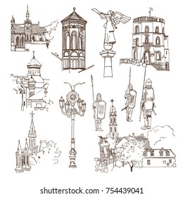 Vilnius. Lithuania. Vector sketch old town. Hand drawn public and religious buildings, Gediminas' Tower, Angel of Uzupis, Church of St. Anne, knights with spears.