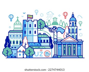 Vilnius skyline with cathedral, Uzupis angel, Gediminas castle tower and three crosses monument. Europe Old town street landscape. Lithuania capital cityscape with historical center in line art.