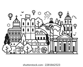 Vilnius skyline with cathedral, Uzupis angel, Gediminas castle tower and three crosses monument. Europe medieval Old town street. Lithuania capital cityscape with historical center in line art design.