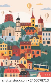 Vilnius skyline with Gediminas castle tower, Old town, hot air balloons and other landmarks and symbols. Europe Old town street landscape. Capital of Lithuania. Vertical design for flyer or poster