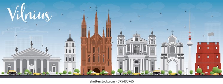 Vilnius Skyline with Gray Landmarks and Blue Sky. Vector Illustration. Business Travel and Tourism Concept with Historic Buildings. Image for Presentation Banner Placard and Web Site.