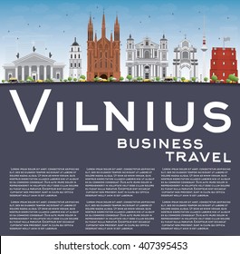 Vilnius Skyline with Gray Landmarks, Blue Sky and Copy Space. Vector Illustration. Business Travel and Tourism Concept with Historic Buildings. Image for Presentation Banner Placard and Web Site.