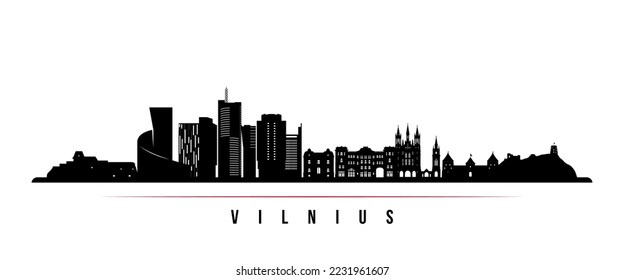 Vilnius skyline horizontal banner. Black and white silhouette of Vilnius, Lithuania. Vector template for your design. 