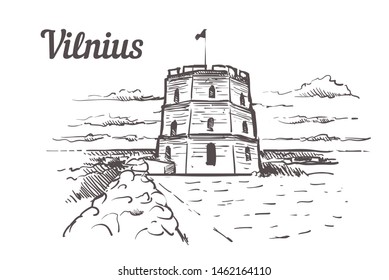 Vilnius skyline sketch. Vilnius, Gediminas Tower hand drawn illustration isolated on white background.