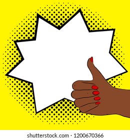 Vinage speech bubble in pop art style. Thumbs up clipart. Afro american hand.