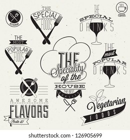 Vinate style restaurant menu designs and illustrations. Calligraphic an typographic style titles and symbols for restaurant menu design. Hand lettering style typographic symbols for restaurant. Vector