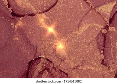 Vinatge abstract burgundy and gold marble texture with sparkles. Vector background in alcohol ink technique with glitter. Template for banner, poster design. Fluid art painting