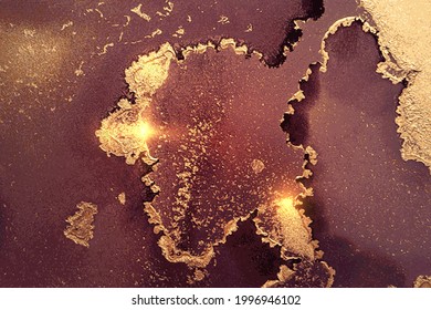 Vinatge abstract burgundy, maroon and gold marble texture with sparkles. Vector background in alcohol ink technique with glitter. Template for banner, poster design. Fluid art painting