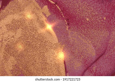 Vinatge abstract gold and burgundy marble pattern with sparkles. Vector background in alcohol ink technique with glitter. Template for banner, poster design. Fluid art painting