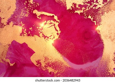 Vinatge abstract gold, magenta, and pink marble texture with sparkles. Vector background in alcohol ink technique with glitter. Template for banner, poster design. Fluid art painting