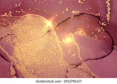 Vinatge abstract gold and maroon marble texture with sparkles. Vector background in alcohol ink technique with glitter. Template for banner, poster design. Fluid art painting