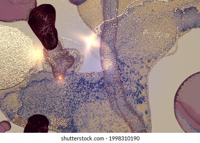 Vinatge shining abstract purple, blue and gold marble pattern with sparkles. Vector background in alcohol ink technique with glitter. Template for banner, poster design. Fluid art painting