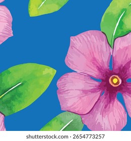 Vinca Flower with leaves hand drawn watercolor Pattern on blue background