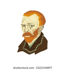 Vincent Van Gogh portrait. Modern interpretation of the style of this great artist. Hand drawn vector illustration in color palette. Isolate on a white background