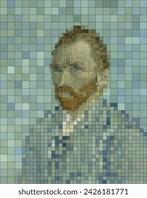 Vincent Van Gogh self portrait in pixel art. Van Gogh's famous painting in pixel style, Vector Illustration.