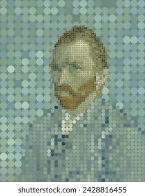 Vincent Van Gogh's self portrait made with digital dots, Van Gogh's famous painting in circle art.
