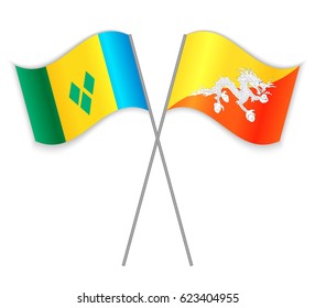 Vincentian and Bhutanese crossed flags. Saint Vincent and the Grenadines combined with Bhutan isolated on white. Language learning, international business or travel concept.