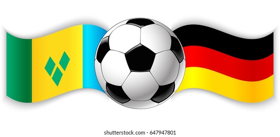 Vincentian and German wavy flags with football ball. Saint Vincent and the Grenadines combined with Germany isolated on white. Football match or international sport competition concept.