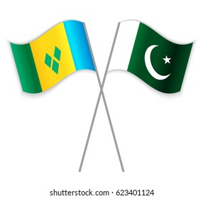 Vincentian and Pakistani crossed flags. Saint Vincent and the Grenadines combined with Pakistan isolated on white. Language learning, international business or travel concept.