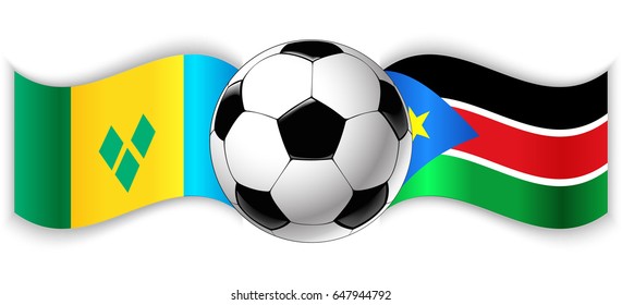 Vincentian and South Sudanese wavy flags with football ball. Saint Vincent and the Grenadines combined with South Sudan isolated on white. Football match or international sport competition concept.