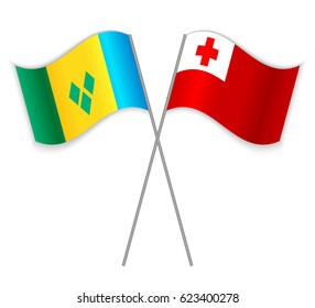 Vincentian and Tongan crossed flags. Saint Vincent and the Grenadines combined with Tonga isolated on white. Language learning, international business or travel concept.