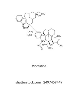 Vincristine flat skeletal molecular structure Antineoplastic drug used in cancer treatment. Vector illustration scientific diagram.