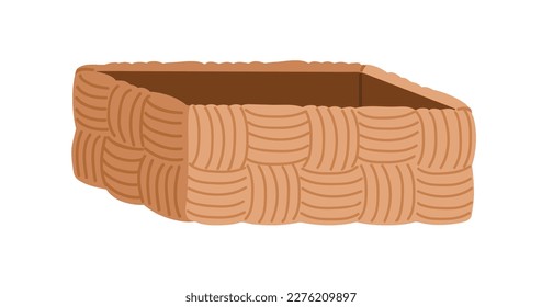 Vine basket. Woven wicker small basketry. Empty weaving box of rectangle shape. Interior store container from natural material, basketwork. Flat vector illustration isolated on white background