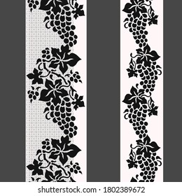 Vine border. Black and white lace vertical seamless pattern. Vector set of 2. Use for embroidery, braid, tape, ribbon.
