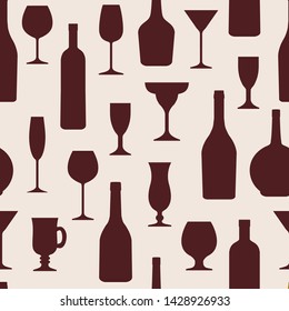 vine bottle and vine glasses seamless pattern. Texture for fabric, wrapping, wallpaper. Decorative print.