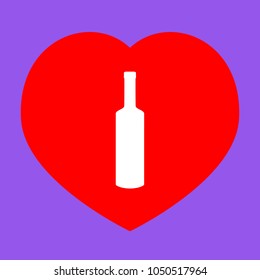 Vine bottle icon. Vector. White icon in red heart at lavender background.
