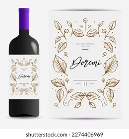 Vine bottle label hand draw leaves decoration