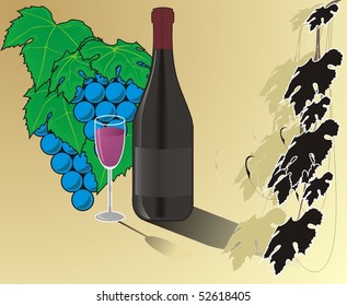 Vine, a bottle of wine and a glass