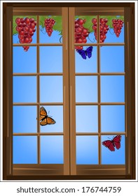 Vine and butterflies outside the window 