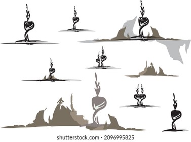 Vine concept collection on white for your design. Glass stylization against the background of mountains, decorative glass symbols with a floral motif for tourism, business concepts, web icons, etc.