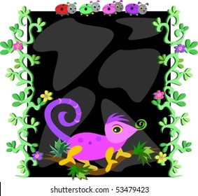 Vine Frame with Chameleon Lizard and Ladybugs Vector