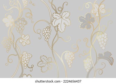 Vine grape branch. Twisting golden vine with leaves and grapes. Hand drawn line art on grey background.