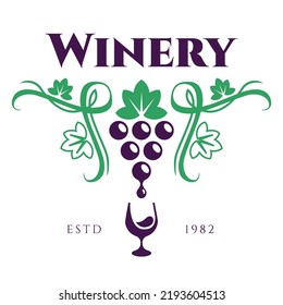 The vine, grapes, and glass are styled in the modern winery logo and icon design