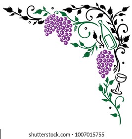 Vine with Grapes, wine leaves and bottle.