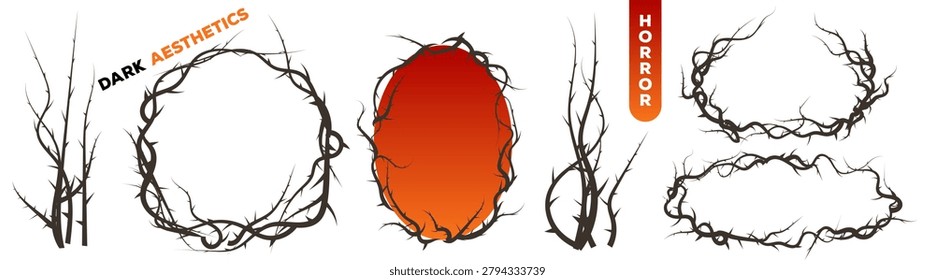 Vine horror branches with frame halloween rectangle and thorn border gothic. Pattern dark dramatic with vector black fantasy and medieval tribal creepy. Design nature vine with digital grunge.
