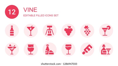 vine icon set. Collection of 12 filled vine icons included Wine, Cocktail, Corkscrew, Grape, Grapes, Martini