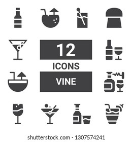 vine icon set. Collection of 12 filled vine icons included Cocktail, Alcohol, Martini, Wine, Cork