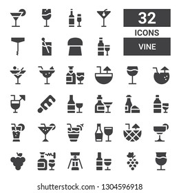 vine icon set. Collection of 32 filled vine icons included Wine, Grapes, Corkscrew, Grape, Cocktail, Cocktails, Martini, Cork