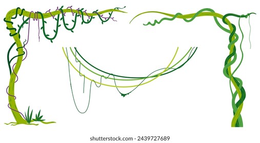 Ramas de la jungla de vid colgando. Conjuntos de escalador aislados sobre fondo blanco. Ilustración de vector