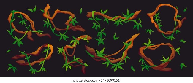 Juego de la jungla de vid. Planta Liana. Árbol de enredadera. Rama colgante. Escalada en selva tropical. Vegetación hierba tropical. Vástago de follaje. Hojas de hiedra botánica. Madera silvestre retorcida. Vector verde conjunto de Elementos naturales