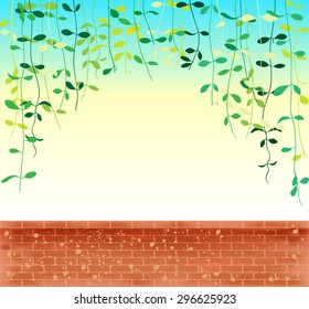 Vine leaves creeper over morning sky with brown brick wall pattern, vector illustration background.